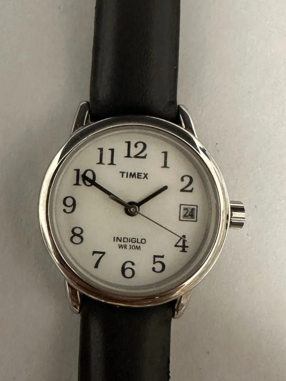 Timex Indiglo Watch Women Silver Tone Black Leather Band New Battery 8.5